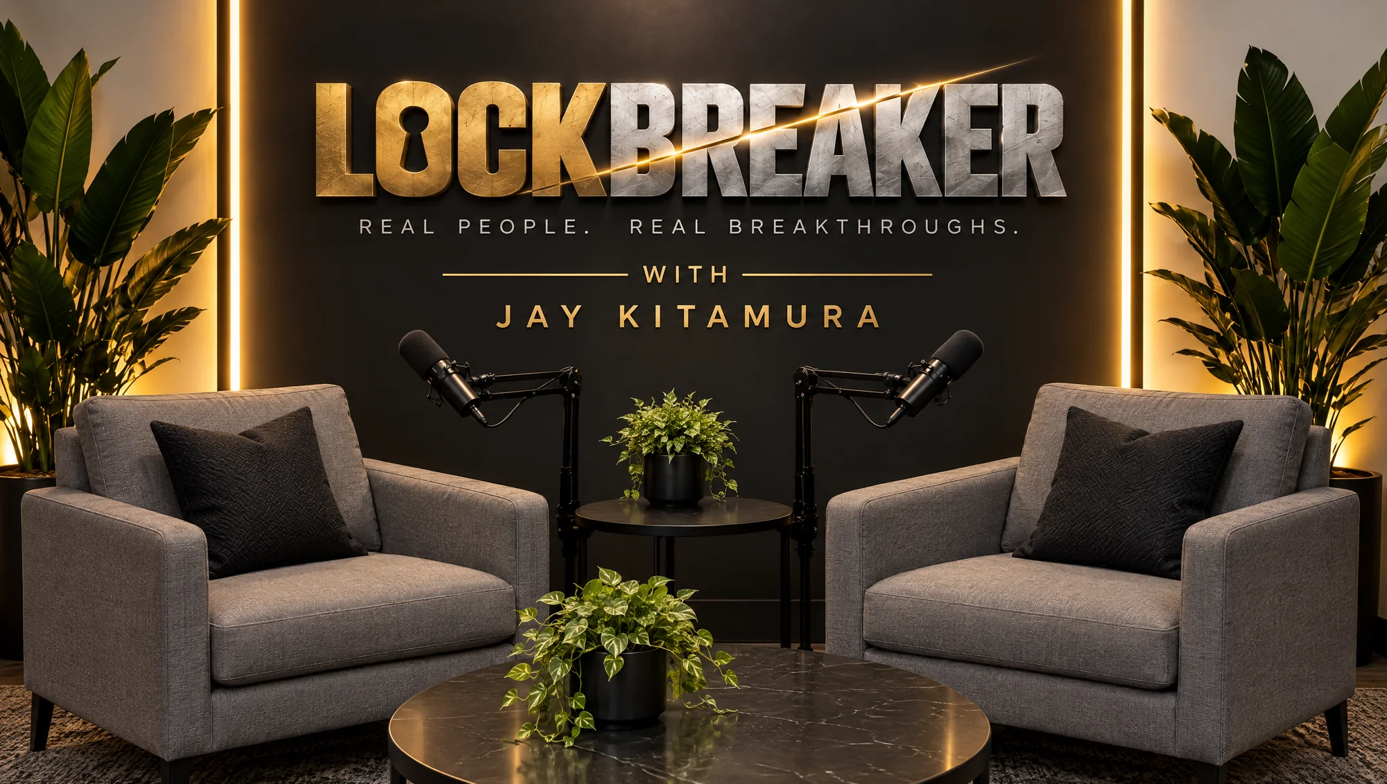 The Lockbreaker studio: two armchairs facing each other under the Lockbreaker sign
